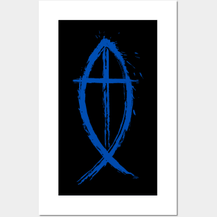 Cross And Fish Christian Design - Blue Edition Posters and Art